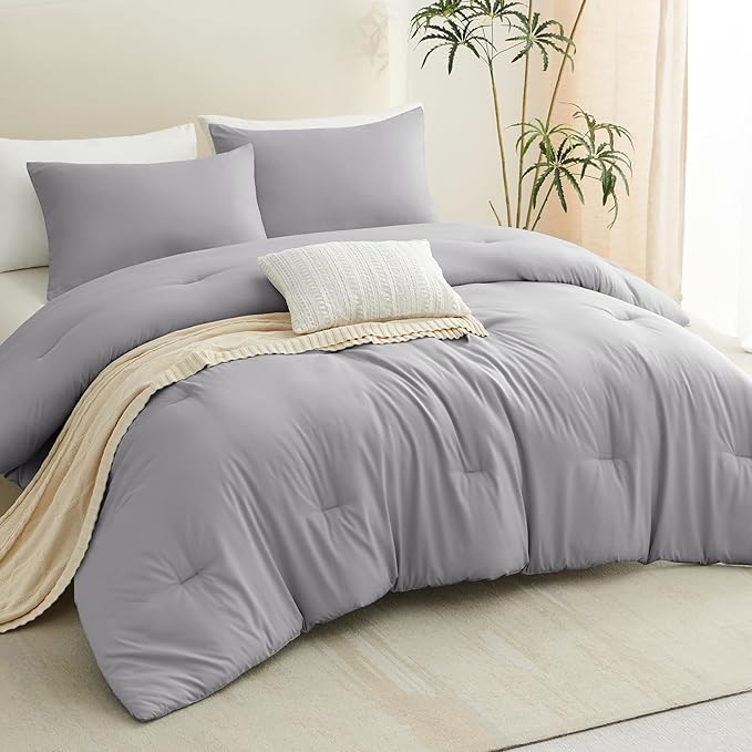 CozyLux King Size Comforter Set Grey, 3 Pieces Solid Comforters King Size - Image 8
