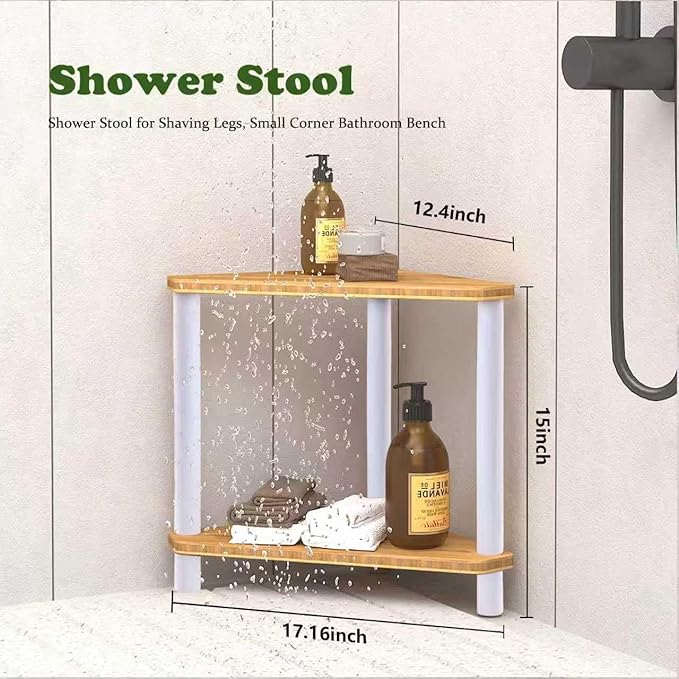 2-Tier Bamboo Corner Shower Caddy, Waterproof Bathroom Corner Storage Organizer - Image 3