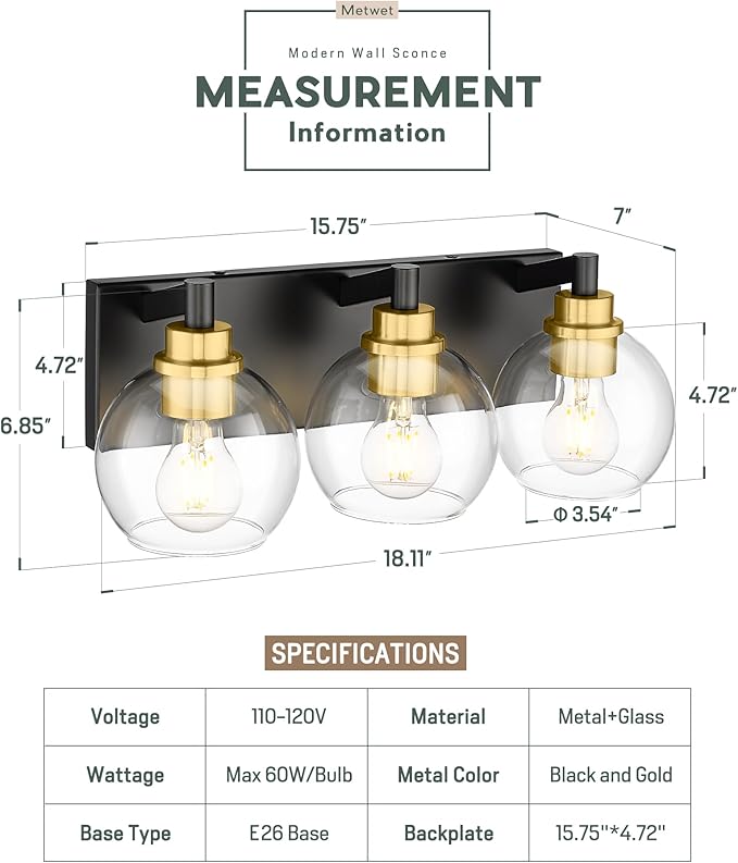 Bathroom Light Fixtures, 3-Light Black and Gold Bathroom Vanity Light, Modern - Image 2