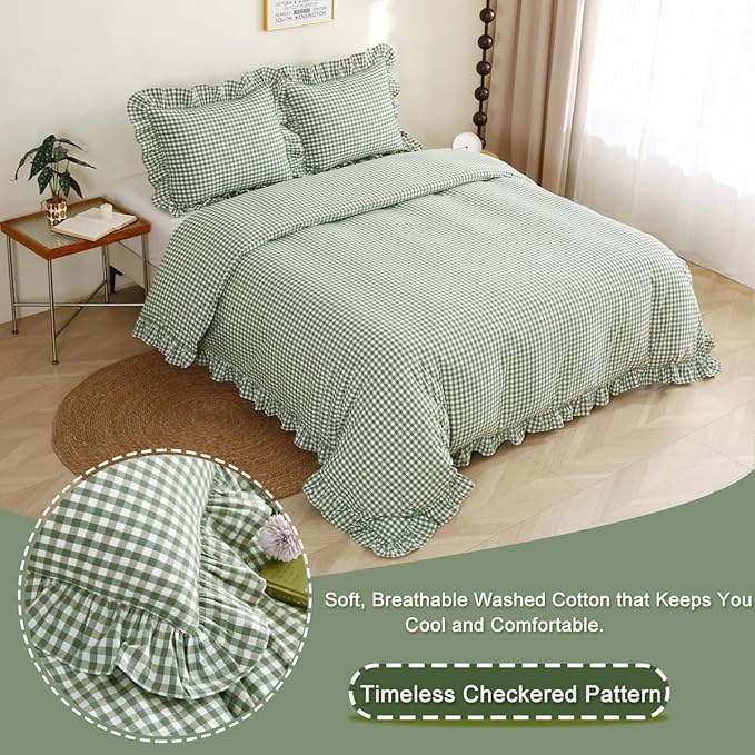 Silnuo Sage Green/White Plaid Ruffle Duvet Cover Twin Size, 100% Washed Cotton - Image 3