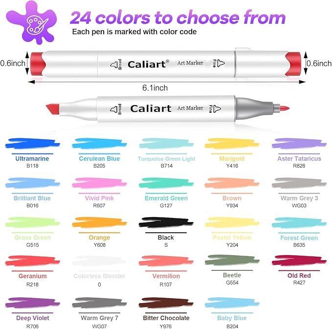 Caliart Alcohol Based Markers, 24 Colors Art Marker Set Fine & Chisel Dual Tip, Permanent Colored Pens for Adults Coloring Book Artists Illustration Sketch Lettering Drawing Cards Planner