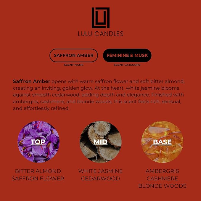 Lulu Candles | Saffron & Amber | Notes: Jasmine, & Amber | Smells Woody & - Image 3