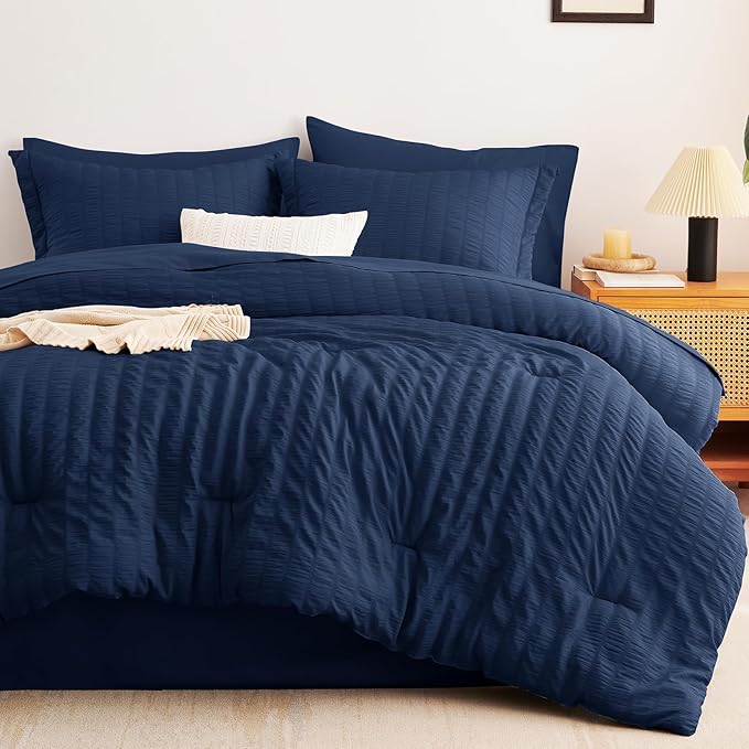 CozyLux Queen Comforter Set Navy Blue Seersucker 7 Pieces Bed in a Bag Queen - Image 9