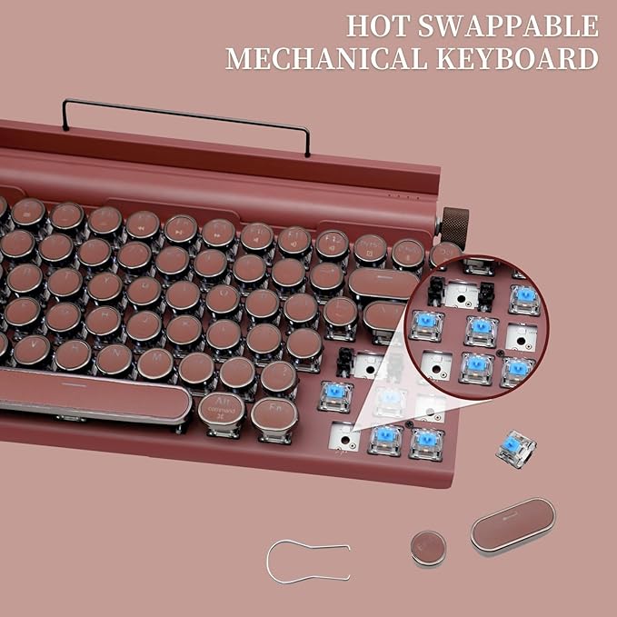Adventurers Retro Typewriter-Style Mechanical Keyboard, 83 Keys, 75% Compact Layout, Bluetooth 5.0 and Wired, Hot-Swappable Blue Switch, White Backlit for Windows/Mac/iPad/PC/Laptop (Rosewood Red)