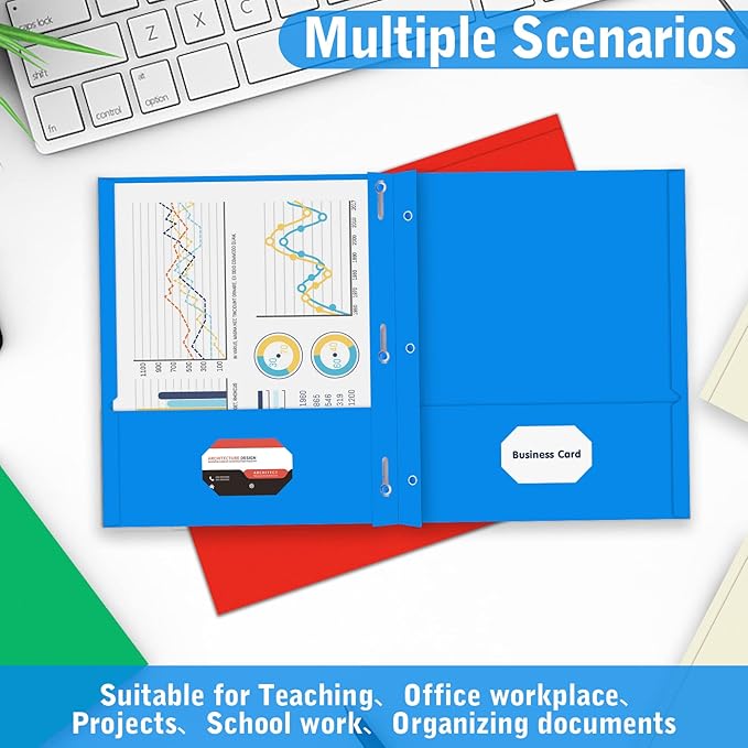 Two Pocket Folder, HERKKA 100 Pack 2 Pocket Folders with Prongs, Business Card Slots Letter Size Paper Folders Designed for Office and Classroom Use, Assorted 5 Colors