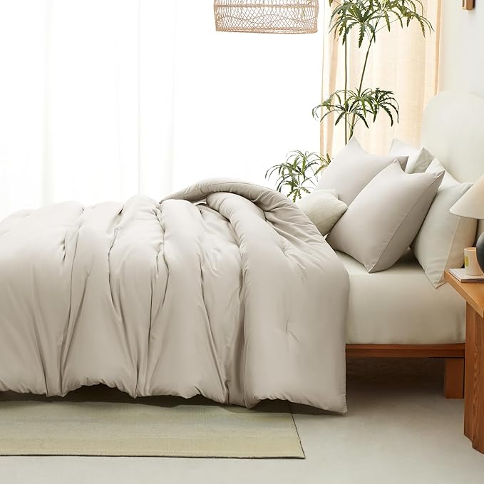 CozyLux Full Size Comforter Set Beige, 3 Pieces Solid Breathable Quilted - Image 6
