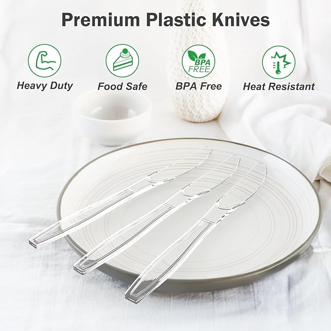 Dealusy 300 Count Extra Heavy Duty Clear Plastic Knives Disposable, BPA-Free, Heat Resistant, Solid and Durable Disposable Knives Bulk, Premium Plastic Knives heavy duty for Party Supply