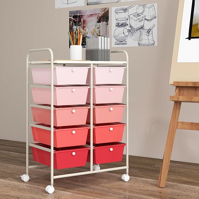GOFLAME 10-Drawer Rolling Storage Cart, Art Craft Storage Organizer on Wheels, Multipurpose Movable Utility Cart for School, Office and Home, Pink