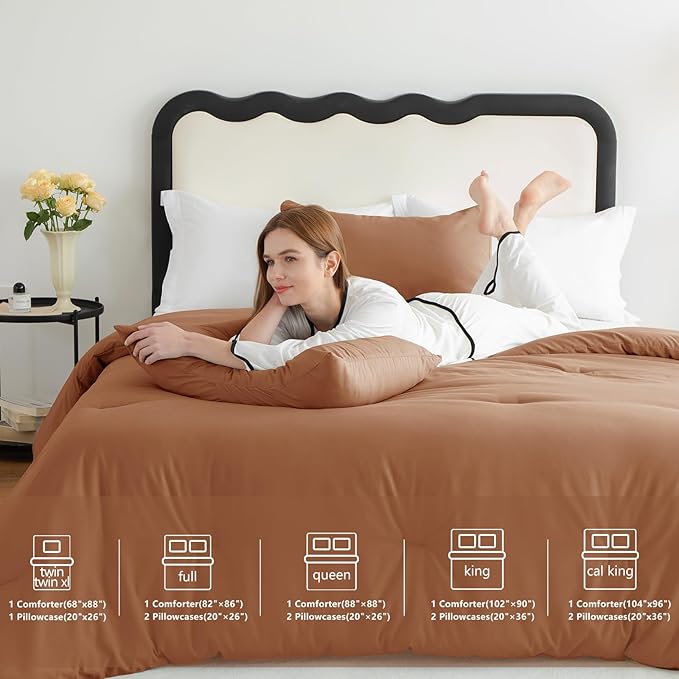 CozyLux Full Size Comforter Set Pumpkin, 3 Pieces Solid Breathable Quilted - Image 6
