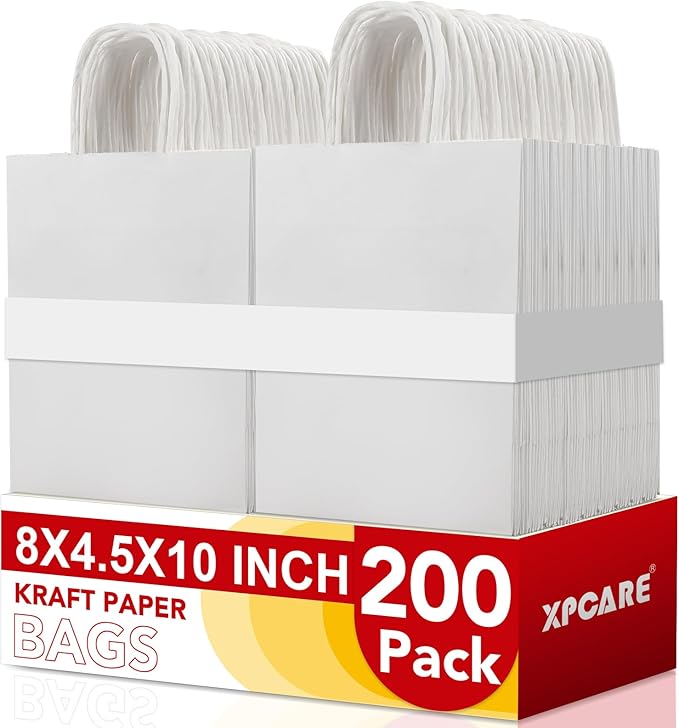 XPCARE 200Pack Paper Bags 8x4.5x10 Inch, Plain Medium Paper Bags with Handles Bulk, Kraft Paper Gift Bag, Retail, Party, Shopping, Favor Bag (White)