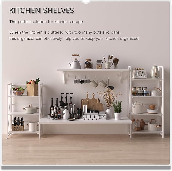 4NM No Assembly Folding Bookshelf Storage Shelves 3 Tiers Vintage Bookcase Standing Racks Study Organizer Home Office (All White)