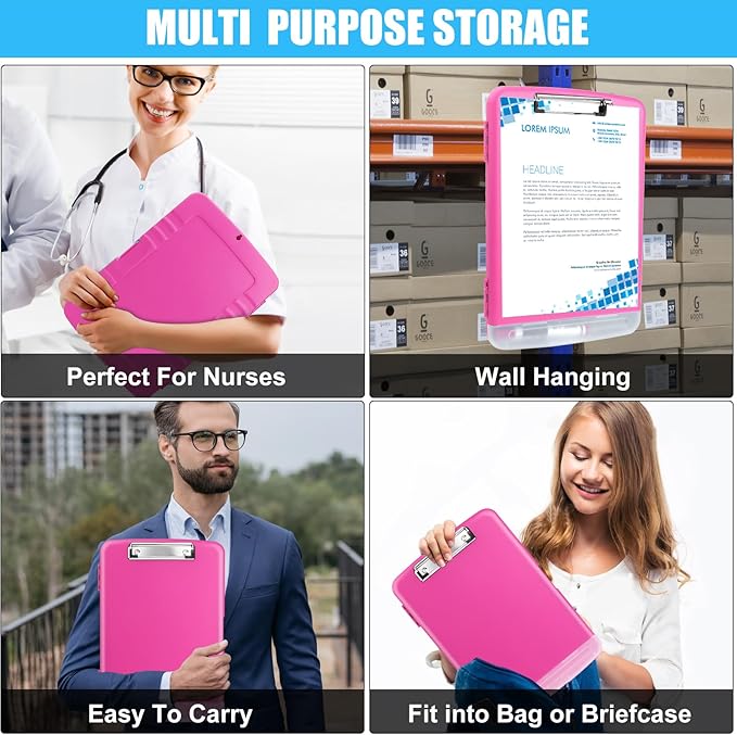 Plastic Clipboard with Storage,A4 Nursing Clipboard Folder with Pen Holder,Cute Clip Boards 8.5x11 Heavy Duty,Side Opening for Office,SchoolHome Work,Hot Pink