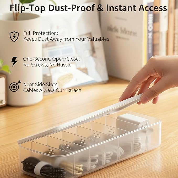 Cord Organizer Box with Lid, 7 Compartment Cable Management with 7 Wire Ties, Dustproof Cable Storage Box for Office & Home, Wire Hider for Computer Desk, Charger Cables, Power Cords (1pack)