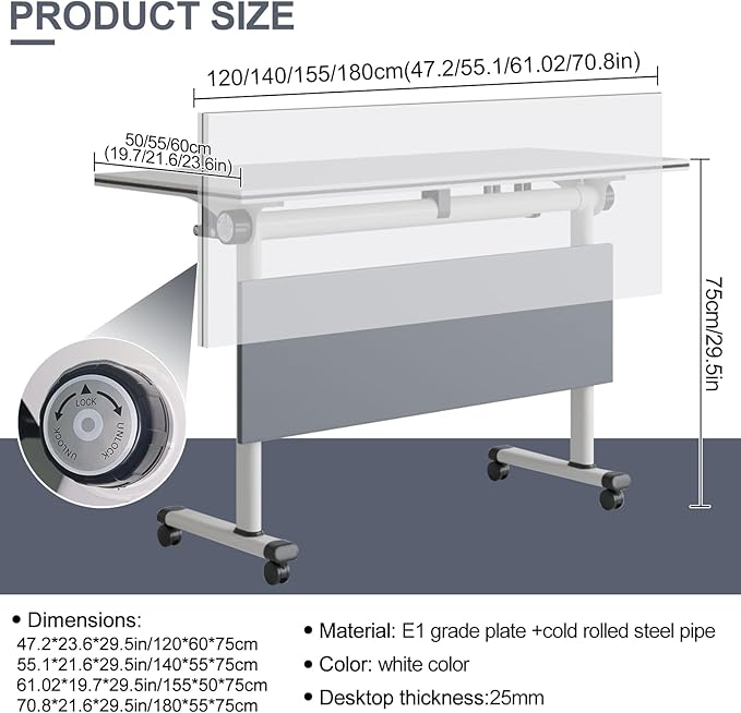 Conference Table,Folding Office Conference Room Tables On Wheels,Flip Top Mobile Folding Conference Table with White Tabletop Conference (4Pack160*60 * 75cm)