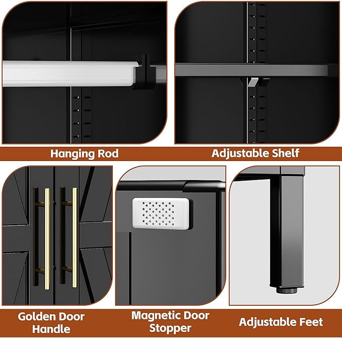 SUPEER Metal Wardrobe Cabinet with 1 Drawer and Hanging Rod, 70.9" H Metal Armoire Wardrobe Closet with Adjustable Shelf for Bedroom, Laundry Room, Home,Office,Installation Required,Black