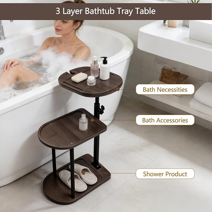 3 Layer Bathtub Tray Table, Bamboo Swivel Bathtub Side Table Height Adjustable - Image 6