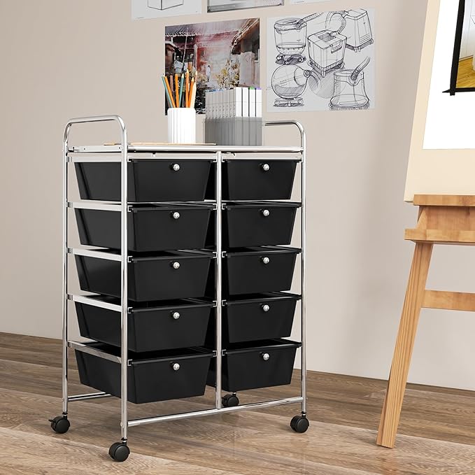 GOFLAME 10-Drawer Rolling Storage Cart, Art Craft Storage Organizer on Wheels, Multipurpose Movable Utility Cart for School, Office and Home, Black