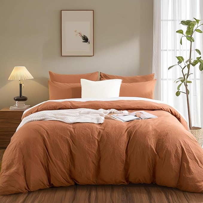 NEXHOME PRO Terracotta Burnt Orange Duvet Cover Set Kids Twin Size Linen Look - Image 3