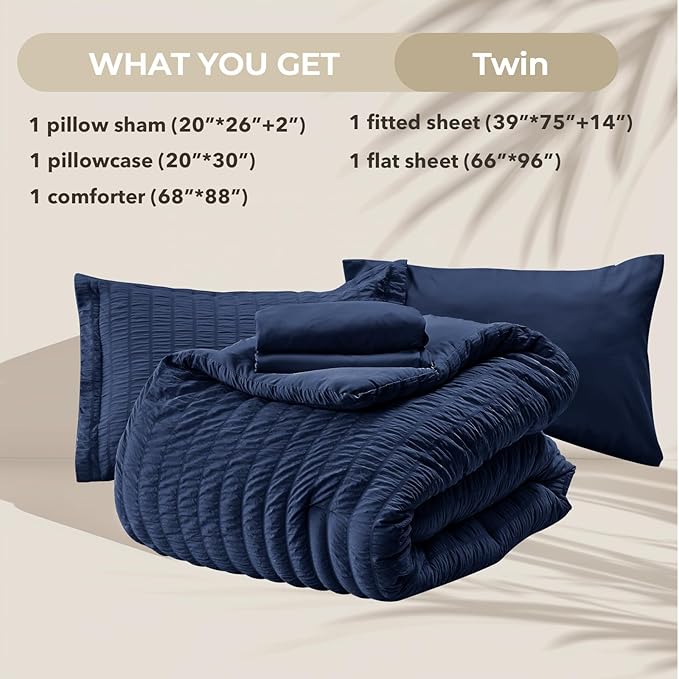 HYMOKEGE Navy Blue Twin Comforter Set Seersucker 5 Pieces, All Season Luxury - Image 6