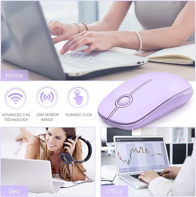VssoPlor Wireless Mouse, 2.4G Slim Portable Computer Laptop Mouse with Nano Receiver Quiet Silent Optical Mice for Notebook, PC, Laptop, Computer-Light Purple