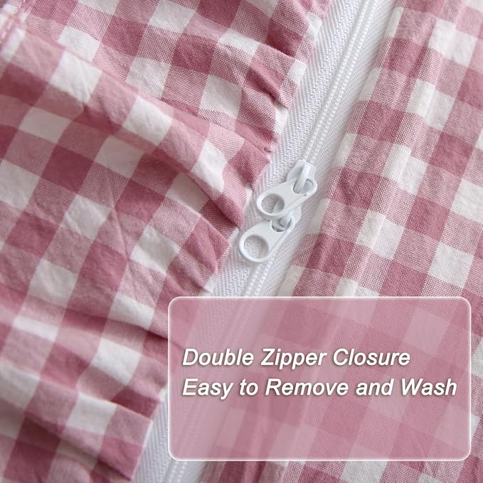 Silnuo Vintage Pink/White Plaid Ruffle 3-Piece Duvet Cover Set Queen Size - Image 4