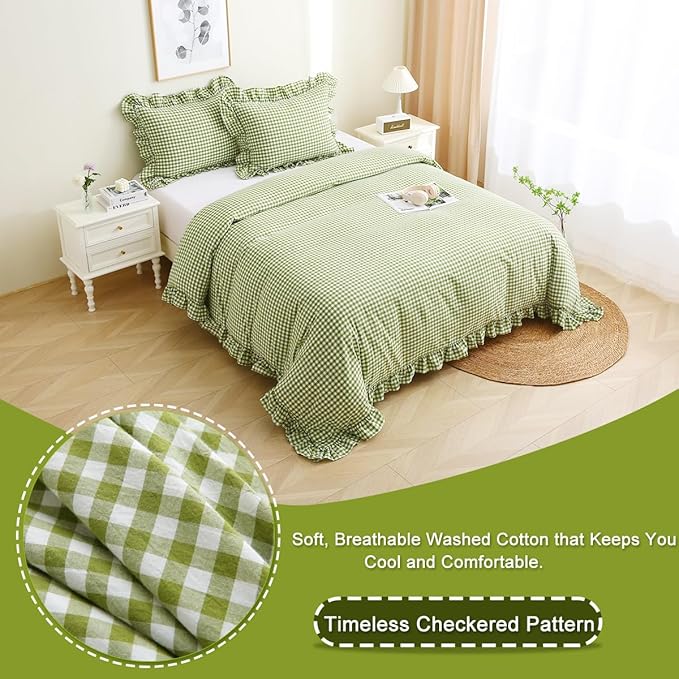 Silnuo Olive Green/White Checkered Ruffle 3-Piece Duvet Cover Set Full Size - Image 3