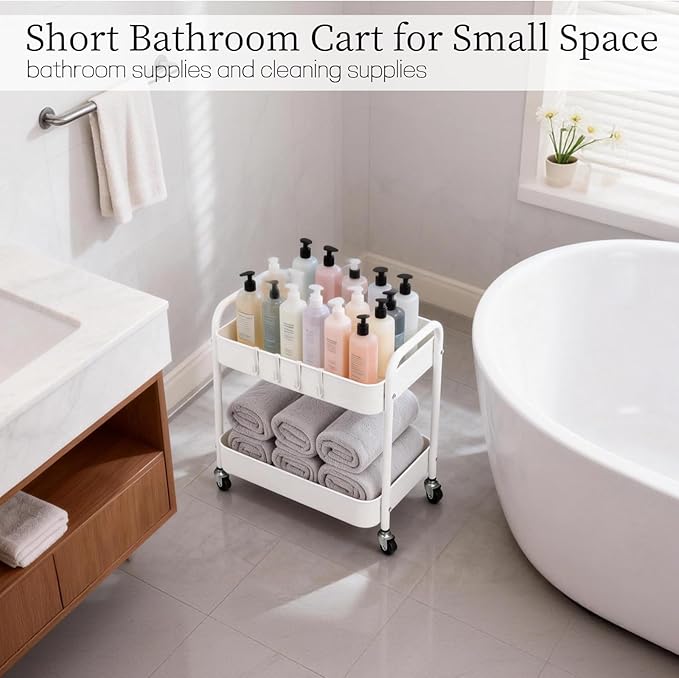 Ufriandz Under Desk Storage Cart 2 Tier Utility Rolling Cart with Wheels, Small Metal Mobile Trolley with Handle Two Tiered Utility Organizer Roller for Kitchen Office Bathroom Pantry Room, White