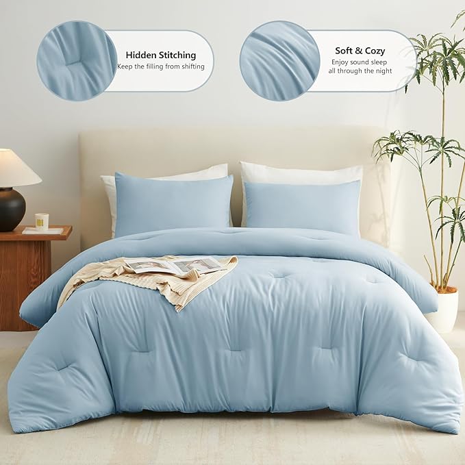 CozyLux Queen Comforter Set Light Blue, 3 Pieces Solid Comforters Queen Size - Image 2