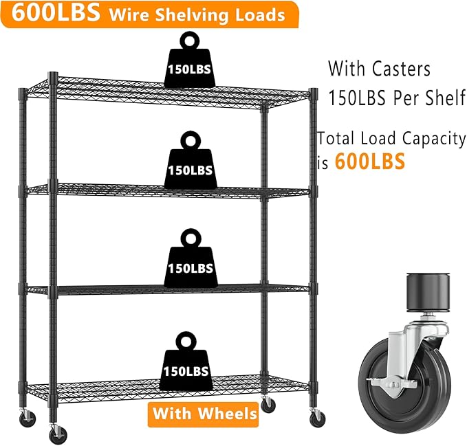 Himimi Storage Shelves 60" W Wire Shelving with Wheels 2600LBS Heavy Duty Metal Shelves for Storage, 4-Tier Adjustable Wire Rack Shelving Garage Shelving Kitchen Storage Shelves 24" Dx60 Wx72H, Black