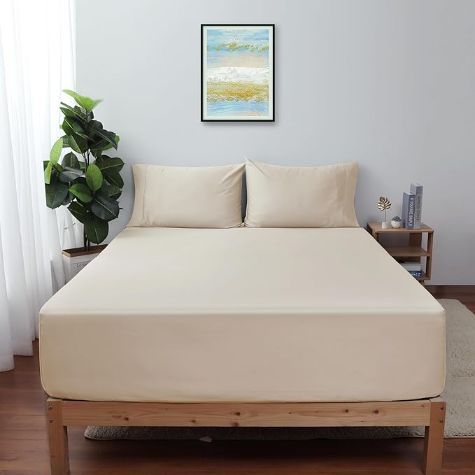Twin Size Fitted Sheet Only Beige, 100% Egyptian Cotton 600 Thread Count by ShunjieHome