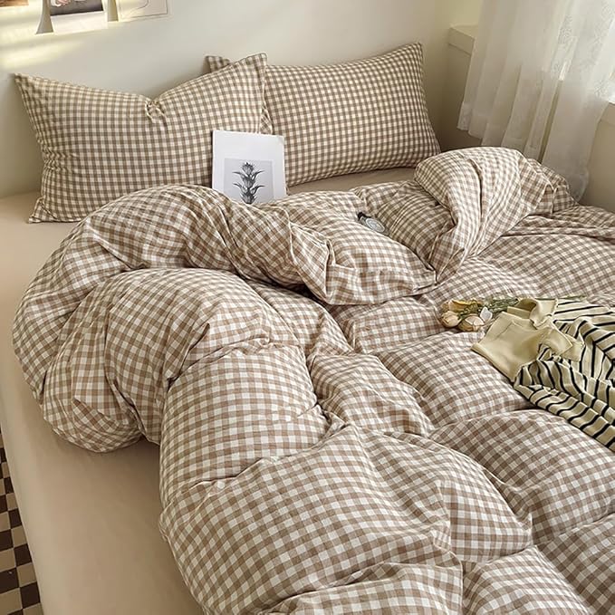 Nayoroom Brown Gingham Duvet Cover Queen Size Tan White Plaid Checkered Duvet - Image 5