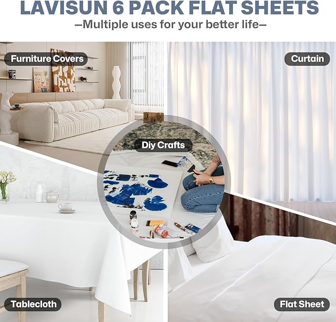 Lavisun Queen Flat Sheets 6 Pack, Soft & Breathable Bulk Sheets - Image 8