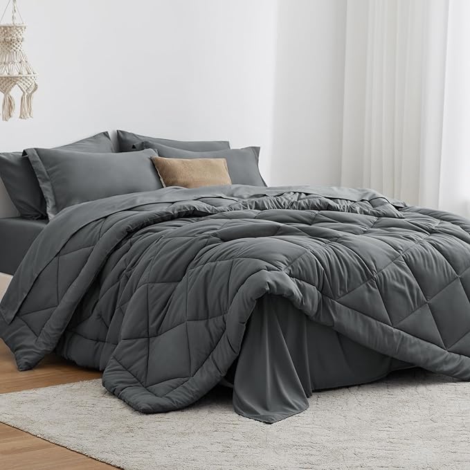 Love's cabin King Size Comforter Set Dark Grey, 7 Pieces King Bed in a Bag by Lovescabin