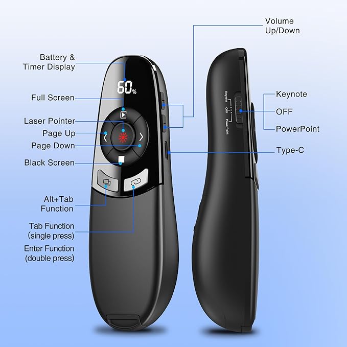 Rechargeable Wireless Presentation Clicker with Red Laser Pointer and Battery & Timer Display, Powerpoint Clicker for PC Mac Keynote Google, Presenter Remote PPT Remote for Powerpoint Presentations