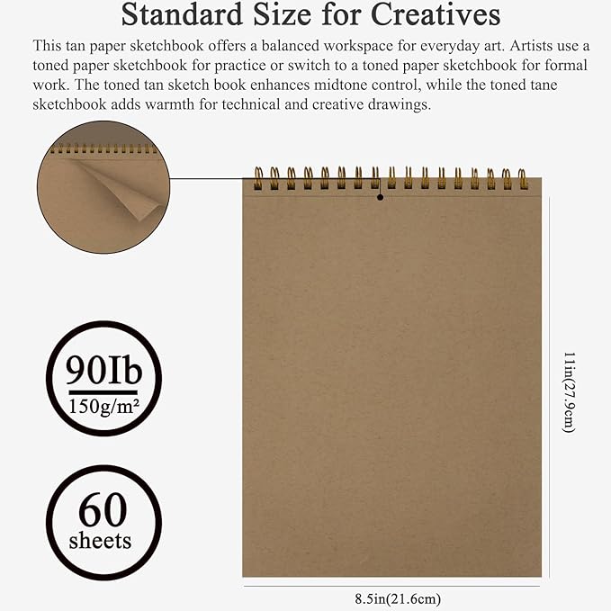 Fuxi Toned Tan Sketchbook 8.5x11, 60 Sheets Acid- Free Tan Paper, Spiral Bound Sketch Book, Hardcover | Ideal for Artists, Students & Classrooms.