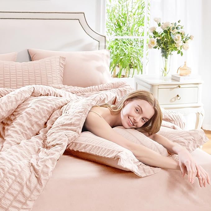 CozyLux Queen Comforter Set Blush Pink Seersucker 7 Pieces Bed in a Bag Queen - Image 5