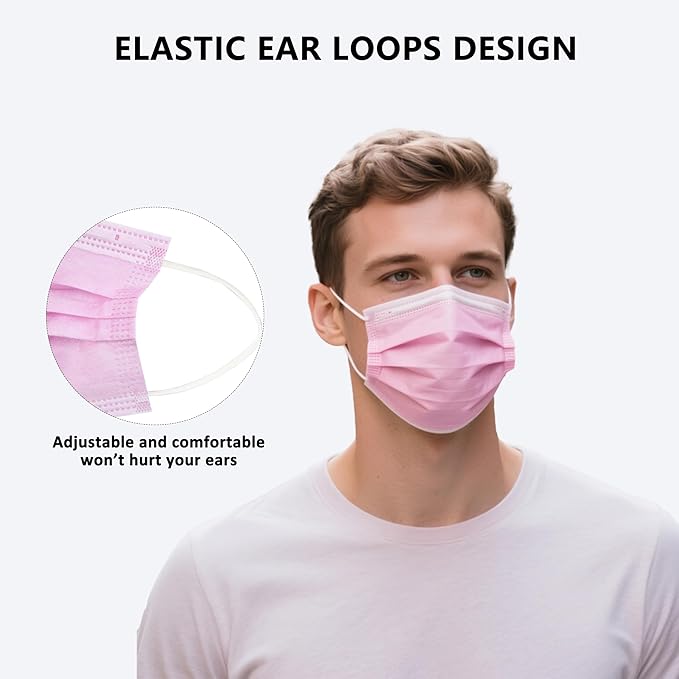 akgk 100PCS Pink Disposable Face Masks, 3-Ply Breathable Pink Face Mask - Image 5