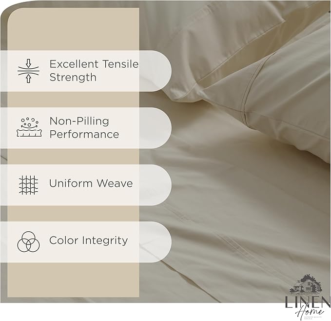 Linen Home 100% Cotton Percale Sheets Twin Size, Light Taupe, Deep Pocket - Image 2