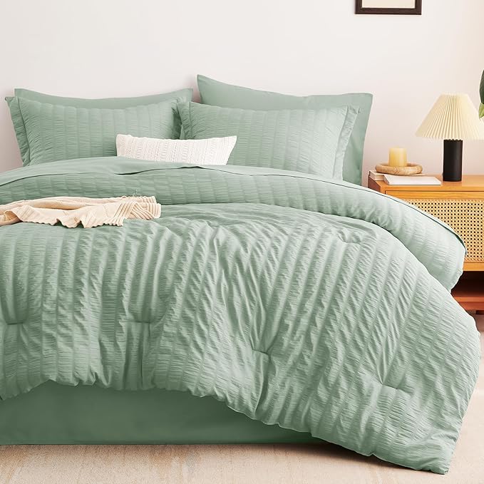 CozyLux Queen Comforter Set Sage Green Seersucker 7 Pieces Bed in a Bag Queen - Image 9