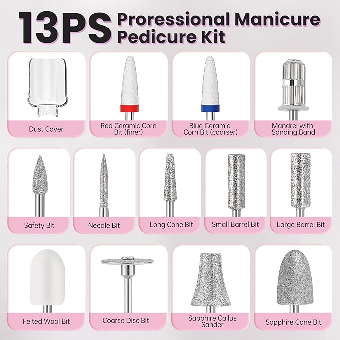 Electric Nail Drill, Cordless 2000 mAh Rechargeable Portable Nail File 12 in 1 - Image 5