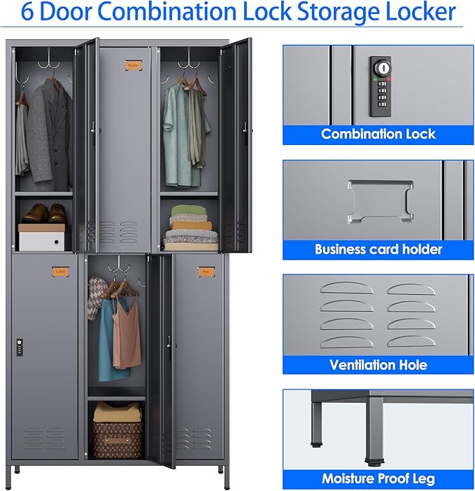 SUPEER Metal Locker for Employees with Combination Locks,Metal Lockers with Business Card Holder and 18 Hooks for School Garage Office Gym Home,Assembly Required,Dark Grey