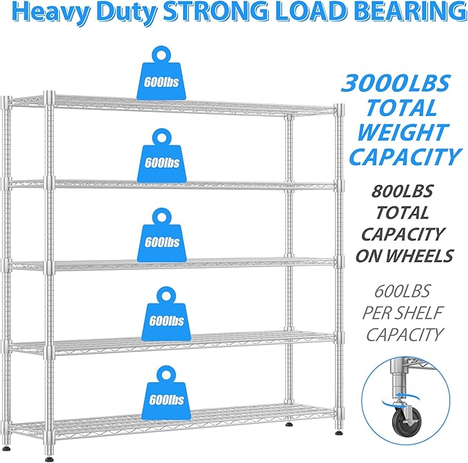 Homdox 5 Tier Heavy Duty Metal Wire Shelving with Wheels, 3000 lbs Capacity Garage Storage Rack, Rolling Industrial Storage, Adjustable Commercial Shelves for Kitchen, Warehouse, 18"x60"x82", Chrome