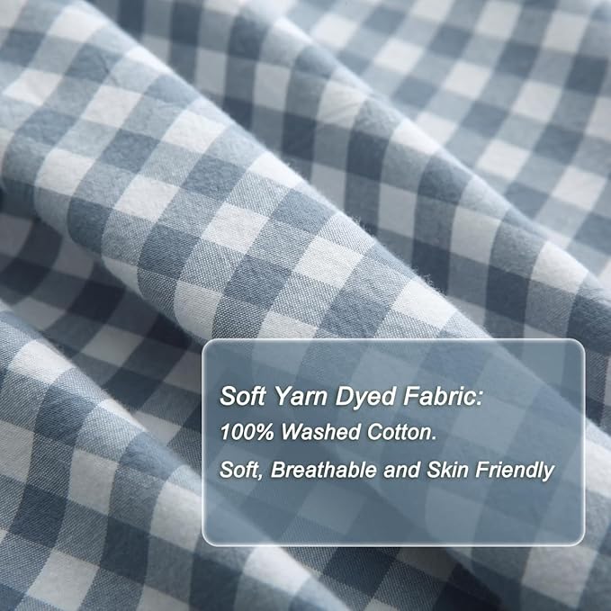 Silnuo Light Blue/White Plaid Ruffle Duvet Cover Queen Size, 100% Washed Cotton - Image 5
