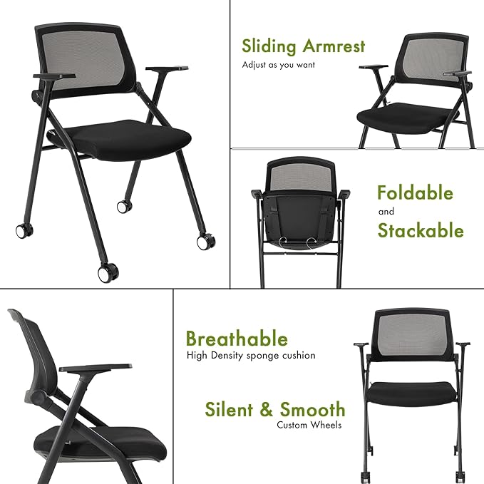 VACYOVKE Home Office Chair Set of 4 Adjustable Armrest Ergonomic Mid-Back Breathable Mesh Foldable Conference Reception Chairs for School Waiting Room Small Space