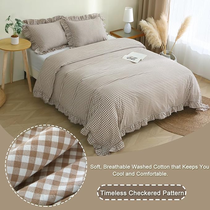 Silnuo Taupe/White Plaid Ruffle Duvet Cover Queen Size, 100% Washed Cotton 3 - Image 3