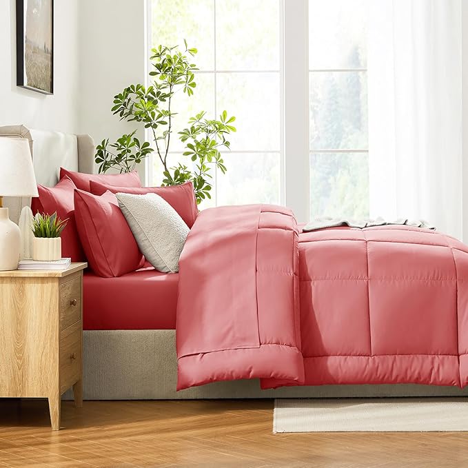 CozyLux Full Size Comforter Sets Coral, 7 Pieces Bed in a Bag, Coral Comforter - Image 9