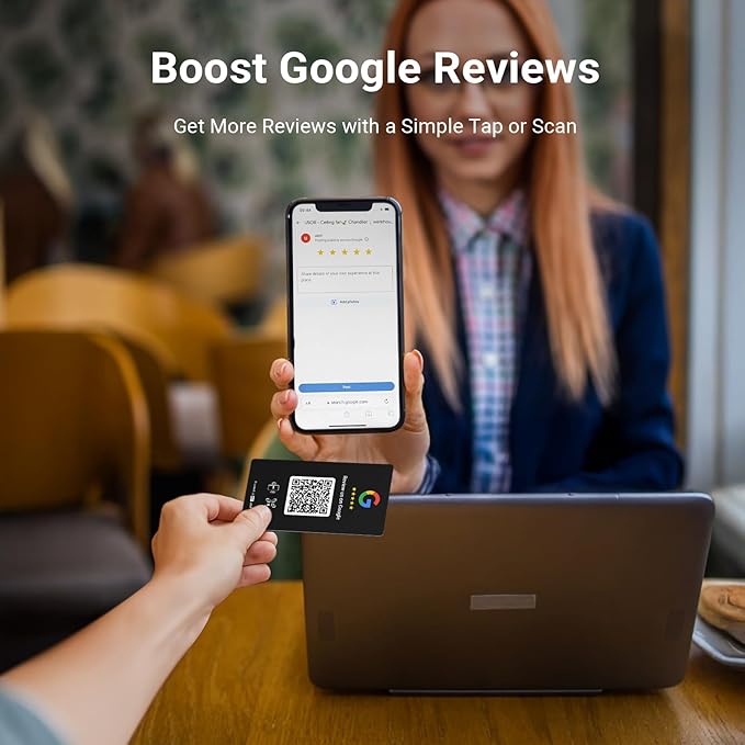 HotLabel – Google Review Stand 3-Pack + Bonus Google Review Tap Card 3-Pack – Black – NFC Tap & QR Code – Supports 6 Different Stores or Same – All Phones Compatible – No App/Subscription