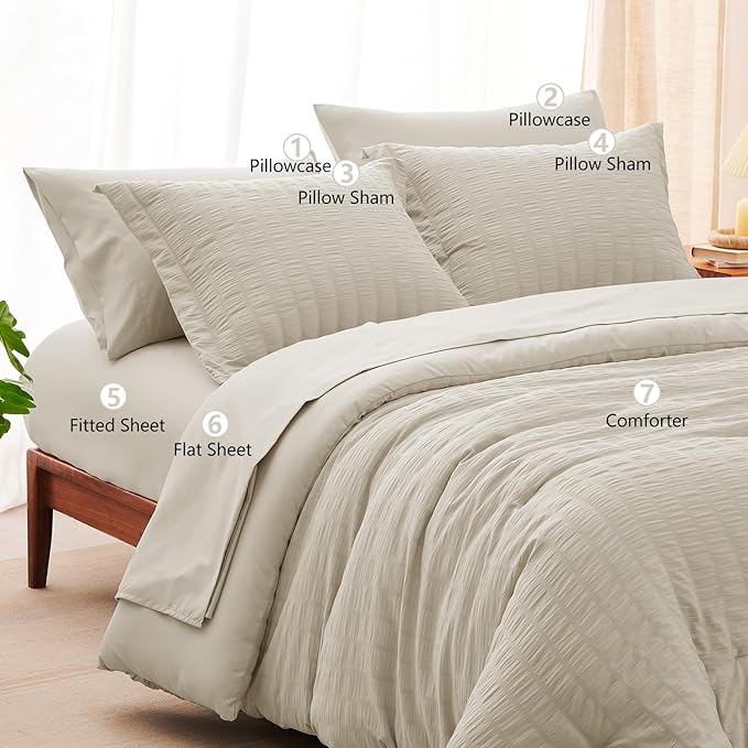 CozyLux King Size Comforter Set Oatmeal Seersucker 7 Pieces Bed in a Bag King - Image 8