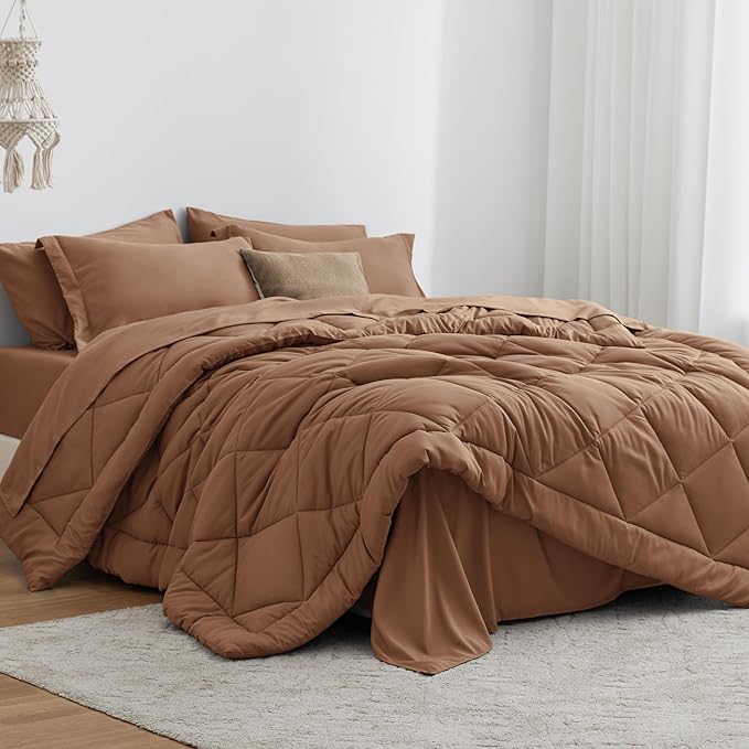 Love's cabin Queen Comforter Set Mocha Mousse, 7 Pieces Queen Bed in a Bag by Lovescabin