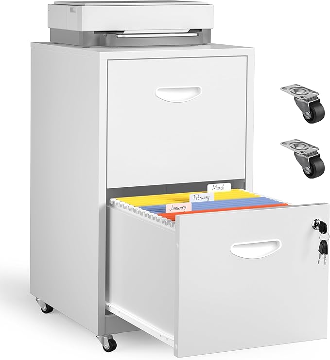 Kubohogar 2 Drawer Mobile File Cabinet with Lock, White Metal Filing Cabinets with Wheels, Vertical Rolling File Cabinet Fit Hanging Files, Letter and A4 Documents